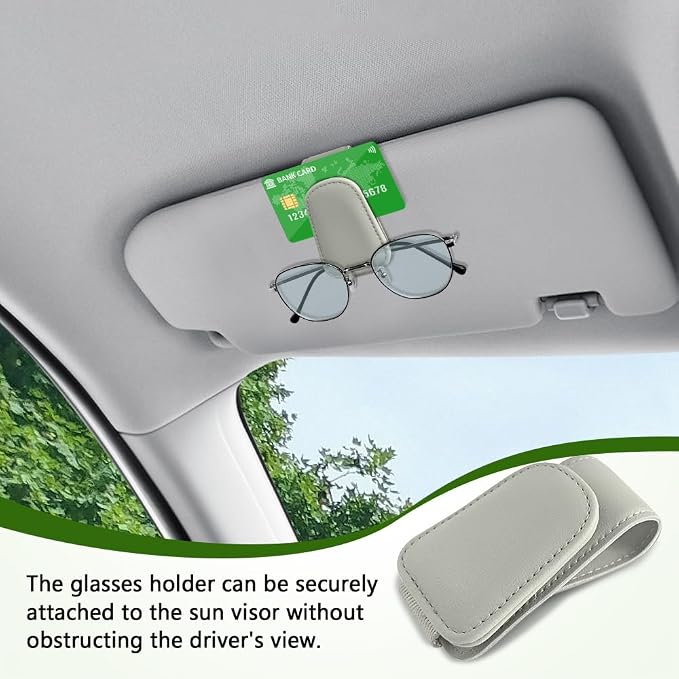Sunglass Holder for Car, Sunglasses Clip for Car Visor, Magnetic Leather Vehicle Eyeglass Hanger Clip, Auto Ticket Card Glasses Organizer Clamp Accessories for SUV Sedan (Light Beige)