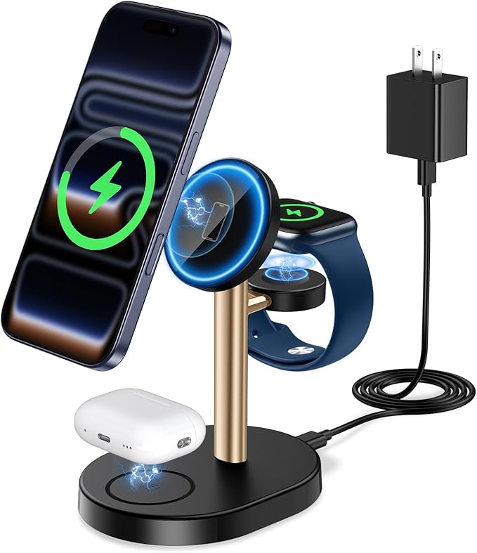 Hevanto 2026 3 in 1 Wireless Charging Station for Apple MagSafe Charger, 15W Fast Magnetic Mag-Safe Charger Stand for iPhone 17 16 15 14 13 12 Apple Watch AirPods Series, Gold&Black