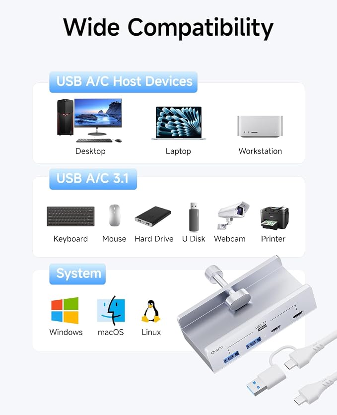 USB Hub 3.1, 10Gbps Clamp USB Hub with 2 USB-A Data Ports, 2 USB-C Port with Extra Power Supply Port (Silver)
