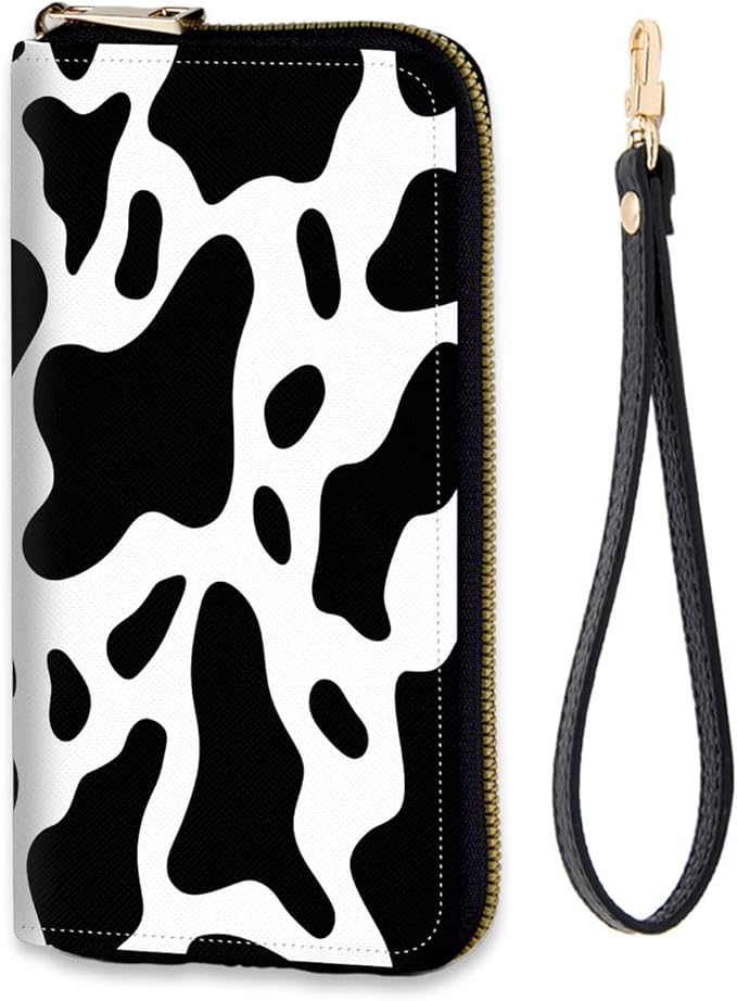 Women's RFID Blocking Zip Around Wallet with Detachable Wrist Strap, Large Capacity Credit Card Holder Organizer for Everyday Use,Cow Print