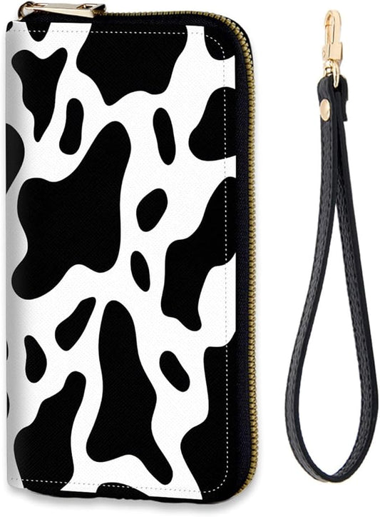 Women's RFID Blocking Zip Around Wallet with Detachable Wrist Strap, Large Capacity Credit Card Holder Organizer for Everyday Use,Cow Print