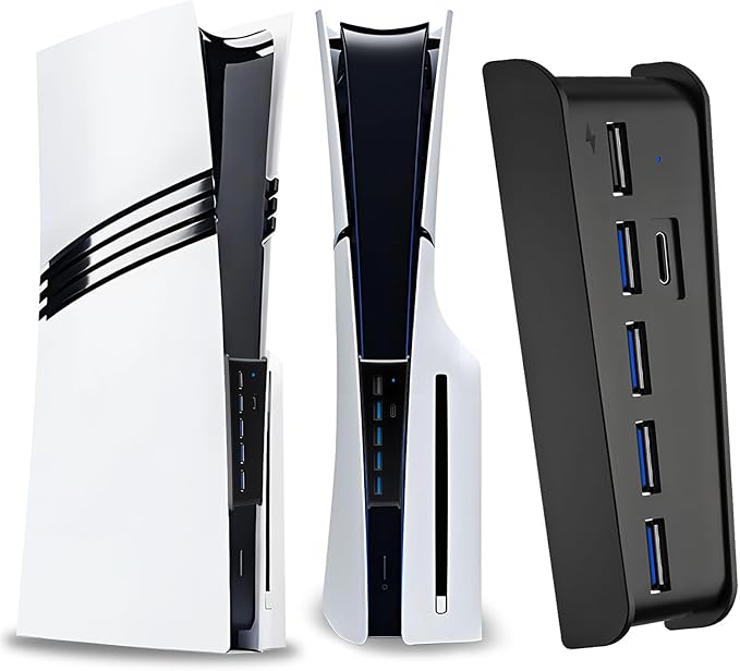 6 Port USB Hub for PS5 Pro & PS5 Slim Console Disc/Digital, High-Speed Extra USB Ports for PS5 Slim Pro Accessories, PS5 Hub Charger Splitter Adapter with 4 USB 2.0 + 1 USB Charging Port +1 Type C 3.0