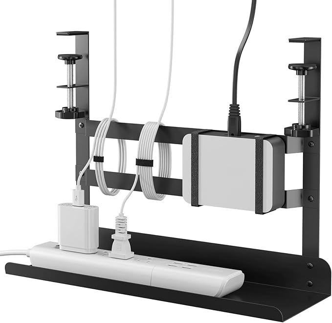YECAYE Under Desk Cable Management Tray, No Drill Clamp Mount Metal Cable Management Tray with Desk Protection Pads, Under Desk Organizer Easy Installation with Hook & Loop Straps for Home Office