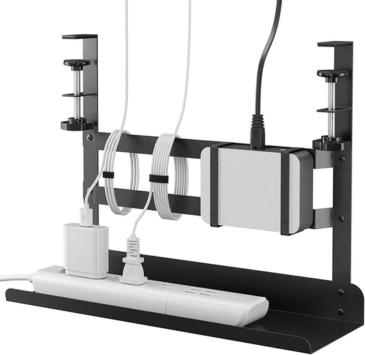 YECAYE Under Desk Cable Management Tray, No Drill Clamp Mount Metal Cable Management Tray with Desk Protection Pads, Under Desk Organizer Easy Installation with Hook & Loop Straps for Home Office
