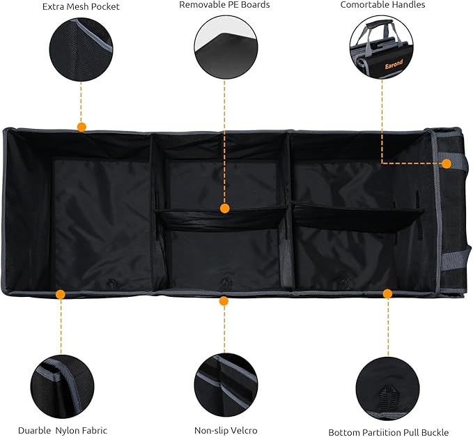 Car Trunk Organizer with Lid,Collapsible Car Storage Organizer with Multi Compartments and Securing Straps for SUV,Sedan,Jeep-Black & Grey