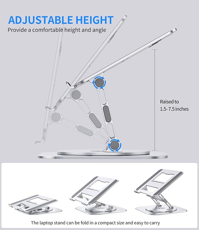AOEVI Adjustable Laptop Stand with 360 Rotating Base, Stable Computer Stand for Laptop Ergonimic Foldable Laptop Riser for Desk Compatible with MacBook Pro/Air Notebook up to 16 Inches, Silver