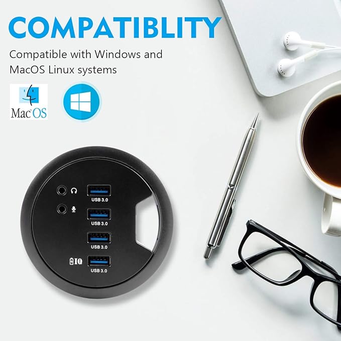 WDX Desk-Fit (Diameter 3.14" or 80MM) 4 Port USB 3.0 Hub with 3.5mm Audio Mic Phone Jack/BC 1.2 USB Charger, 5V/2A Power Adapter for iPhone/Smart Phones(usb3.0 4 Port)(AC Power Supply Included)
