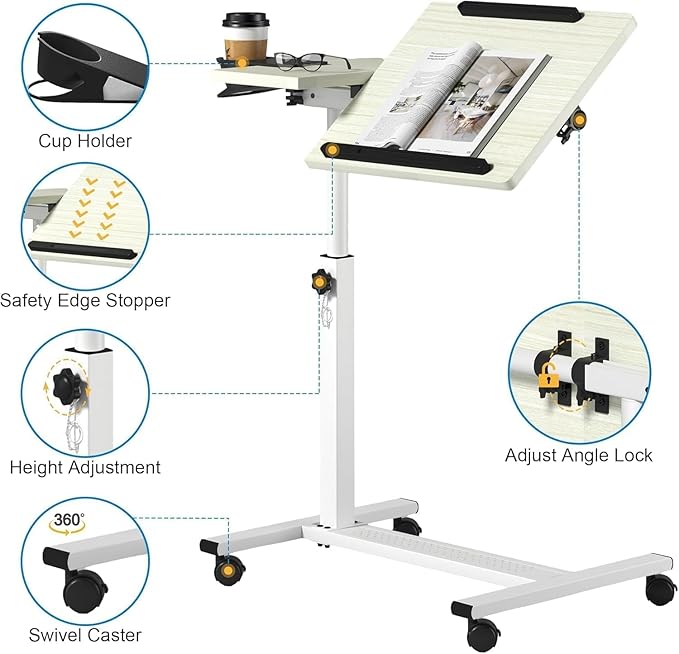 Panta Height Adjustable Rolling Laptop Stand, Overbed Table with 2 Tilting Desktops, Mobile Laptop Table for Couch with Cup Holder, Mobile Computer Workstation for Office, Home and Hospital,Maple