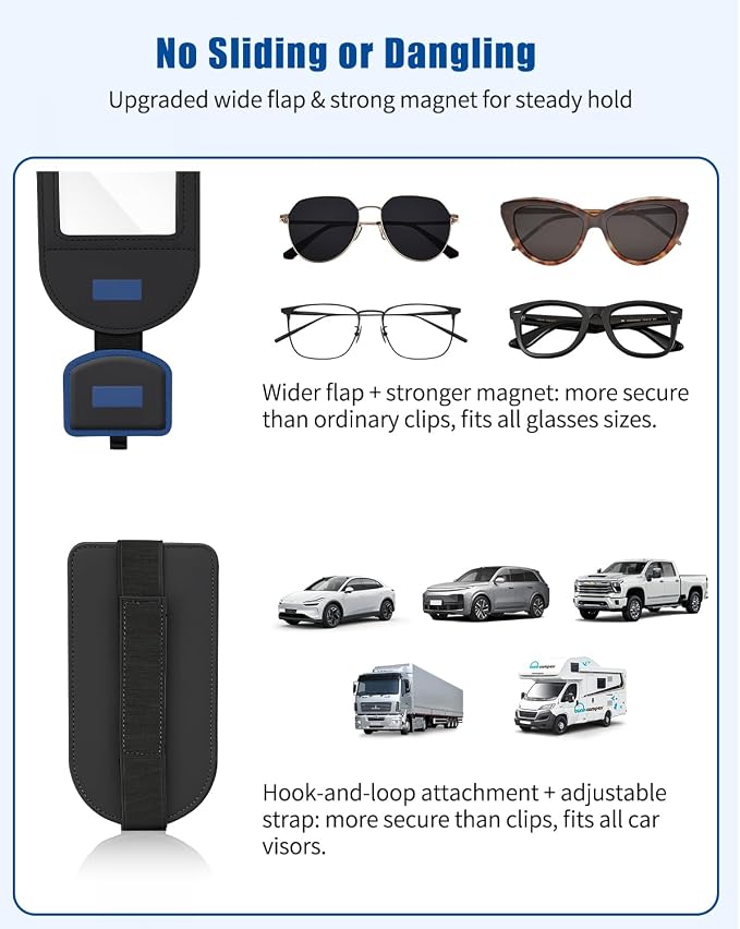Car Visor Sunglasses Holder, 3 in 1 Glasses Clip with Photo Picture Display & Extra Storage Pocket, Anti-Slip Universal Sun Visor Organizer, 2026 Upgraded (1, Black)