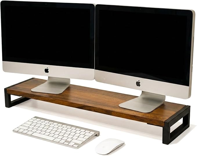 Dual Monitor Stand Riser for Desk ??40??Wide Walnut Solid Wood Desk Riser with Metal U-Legs, Scratch-Resistant, Hassle-Free Assembly