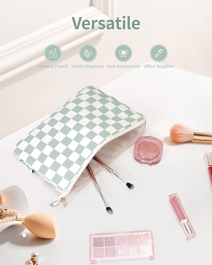 Narwey Small Makeup bag for Purse, Small Makeup Pouch for Purse Cosmetic Bag with Zipper, Cute Make up Pouch for Women Girls (Mint Green Checkerboard)