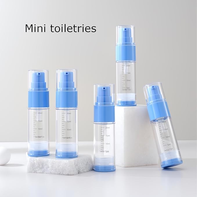 0.7oz/20ml Travel Airless Pump Bottles, 5 Pack Refillable Vacuum Cosmetic Containers with Clear Organizer Case & Labels, Small Lotion Dispenser Bottles for Skincare, Toiletries & Cosmetics