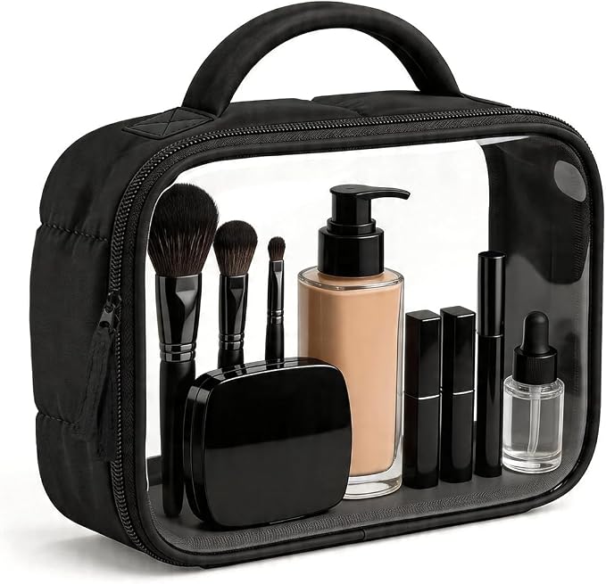 Moyad TSA Approved Clear Toiletry Bag, Quart Size 3-1-1 Liquids Pouch with Soft Handle, Wide Opening Transparent Makeup Organizer for Carry On Travel, Lightweight for Women Men (Black-1pcs)