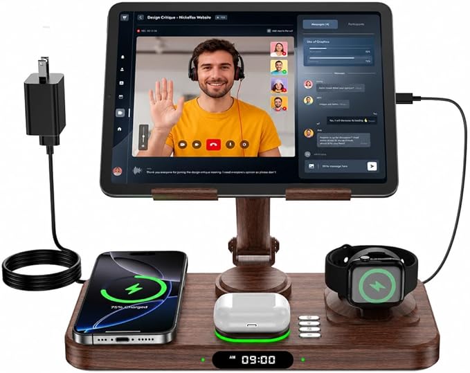 6 in 1 Wireless Charger for Apple Multiple Devices, Charging Station with Clock &7 Color Ambient Light, Foldable Rotate Stand for iPad, for iPhone17/16/15, Support for Apple Watch11/10 For AirPods4