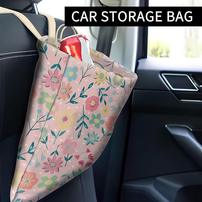 Car Trash Can, Cute Car Trash Bag, Hanging Car Organizer and Storage Bag, Trash Bin for Car Accessories, Vehicle, Travelling, Camping Cute Pink Flower