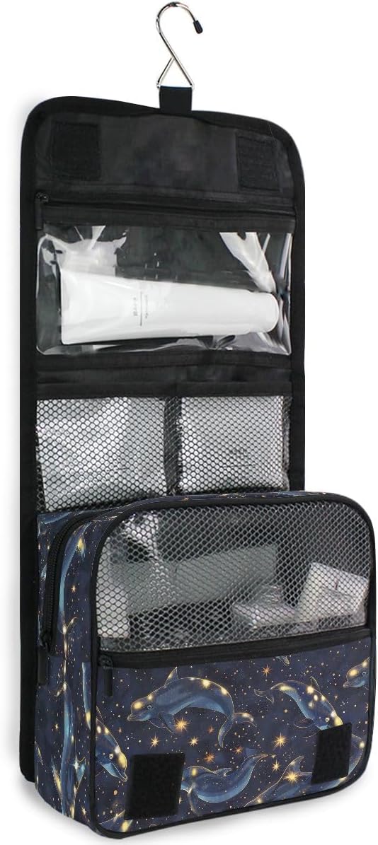 Hanging Travel Toiletry Bag Kit Boys Makeup Case Cosmetics Organizer for Men Women (Dolphin Starry Sky)