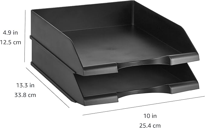 Amazon Basics Rectangular Stackable Desk Organizer Office Letter Tray, File Storage, Paper Organizer, Black, 2-Pack