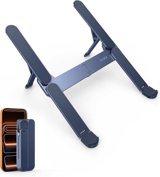 SODI Ultra Compact Foldable Laptop Stand - Portable Laptop Holder for Desk & Travel Use, Adjustable, Ergonomic Aluminum Computer Holder for MacBook, Tablet 10-16" (Blue, Bi-Fold)