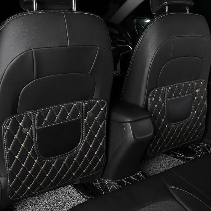 2 PCS Car Kick Mats, Leather Back Seat Protector with Storage Bag, Waterproof Automotive Backseat Cover Pad Prevent Kids Dirt Mud and Scratch, Interior Car Accessories(Black & Beige)