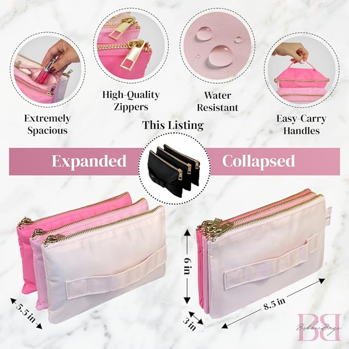 BOBBIE Accordion Travel Makeup Bag, Large Capacity Cosmetic Bags for Women, Durable & Compact Make up Organizer, Lightweight & Portable Zipper Pouch, Water-Resistant Toiletry Bag with 3 Compartments