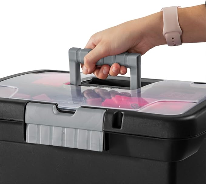 Sterilite 4-Pack Portable File Box, Stackable Container for Letter Hanging Folders, Black - Paper Document Plastic Storage Organizer with Latching Lid for Home, Office, and Dorm Organization