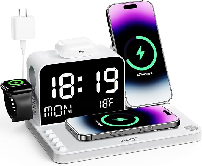 Acer 7-in-1 Wireless Charging Station with LED Clock - 30W Fast Wireless Charger for iPhone 16/15/14/13/12/Pro Max, Apple Watch, AirPods - Bluetooth Auto Time Sync & Night Lights (White)