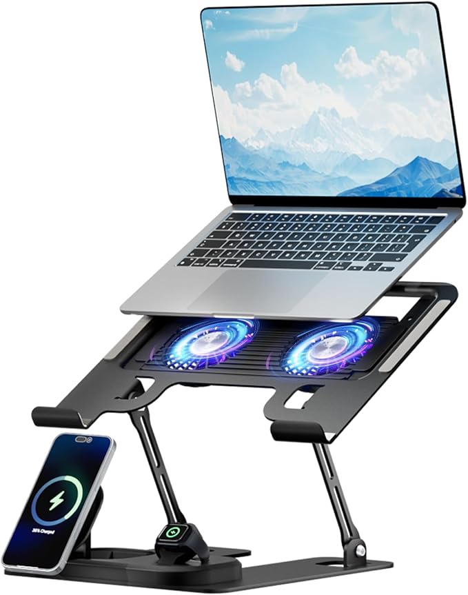 Laptop Stand with 3 in 1 Wireless Charging Station,Laptop Phone Stand with 2 Removable Silent Fans,Adjustable Height and Angle,Sturdy and Portable,Laptop Cooling Pad for 10-15.6 Inch Laptop.