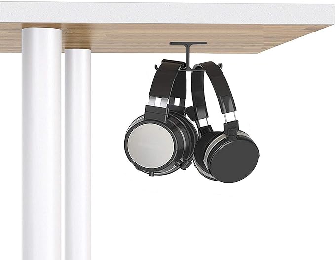 Dual Headphone Hanger Stand for Under Desk, Aluminum Adhesive Headset Hook Mount with Screw Option, Space-Saving PC Gaming Accessories for All Headphones, Black