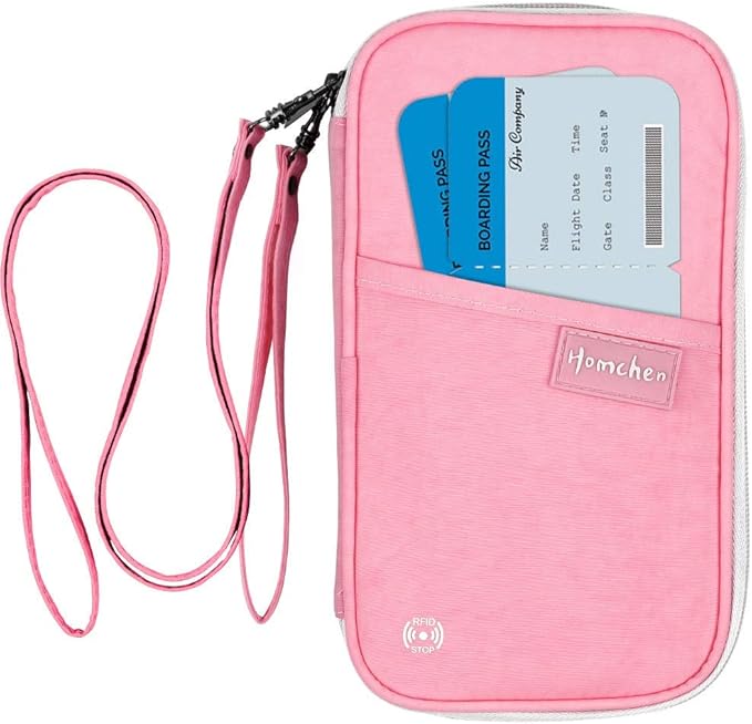 RFID Passport Wallet with Vaccine Card Slot, Family Travel Passport Holder Document Organizer Bag with Wrist & Neck Double Strap