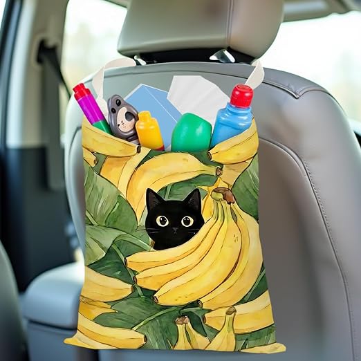 Black Cat Car Trash Bag, Banana Car Trash Bag Hanging, Banana Accessories, Summer Decor Waterproof Cars Back Seat Hanging Organizer Garbage Can for Vehicle Travelling Camping
