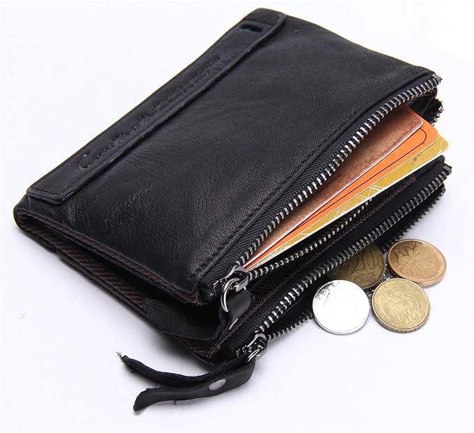 CONTACTS Soft Leather Wallet for Women and Men Small Bifold Coin Purse Double Zipper Card Holder with RFID Blocking (Black)