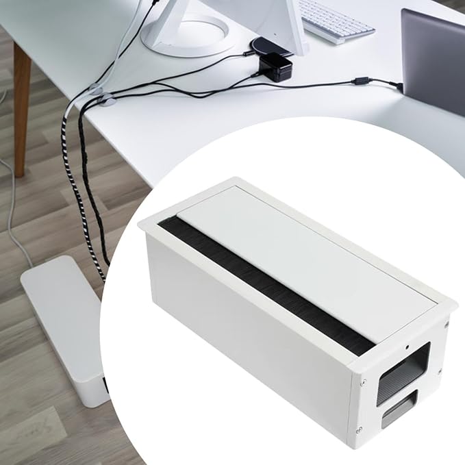 Desk Threading Box Aluminum Alloy Rectangular Wire Organizer with Cable Hole Cover Cord Grommet Storage Box Space Saving Cushioning Structure, White