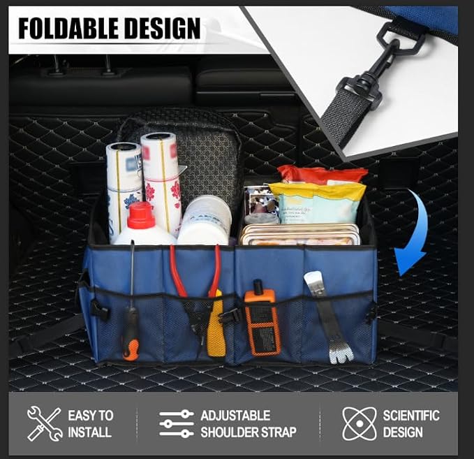 UYYE Auto Collapsible Trunk Organizer, 3 Large Compartments and 6 Pockets Durable for Cargo Storage, Easy to Storage Tools With Adjustable Securing Straps and Non-Slip Bottom for Car (Dark Blue)