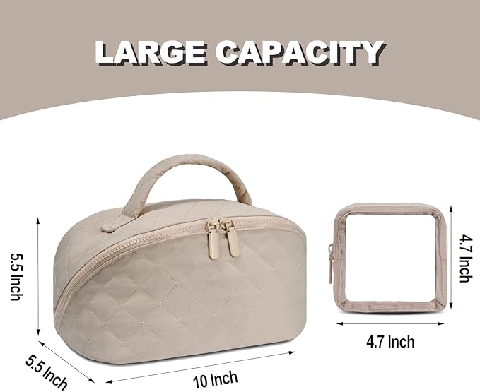 Makeup Bag,Quilted Puffer Cosmetic Bag for Women, 180° Lay-Flat Travel Make up Bag, Waterproof Large Capacity Toiletry Bag with Sturdy Zippers, Portable Makeup Organizer for Travel & Daily Use