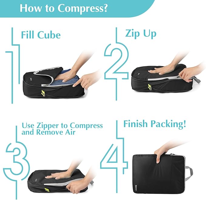 Gonex Compression Packing Cubes, 6pcs Expandable Storage Travel Luggage Bags Organizers with Shoe Bag, Clear Toiletry Bag (Black)