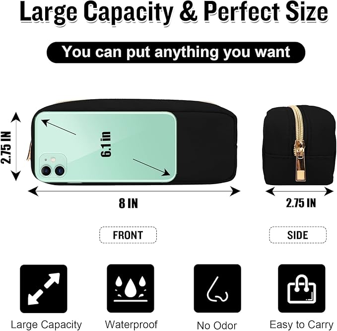 izuzta Nylon Small Makeup Bag Slim Pouch, Preppy Cute Brush Black Cosmetic Zipper Pouch for Purse, Waterproof Travel Toiletry Coin Organizer Women Girls(Black)