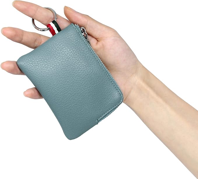 Leather Coin Purse, Change Purse for Men Women (Blue, standard) | Mini Coin Pouch with Zipper & 2 Keyrings, Water-resistant Genuine Leather Wallet for Pocket, Daily,Gifts