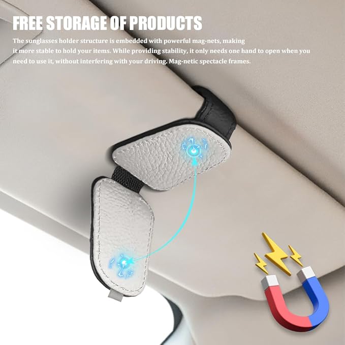 Sunglasses Holders for Car Visor, Sunglass Car Organizer, Leather Magnetic Buckle Sun Visor Sunglass Clip, Car Accessories Ticket Card Clip Sunglasses Mount Fit Truck (Black/Gray, 2PCS)