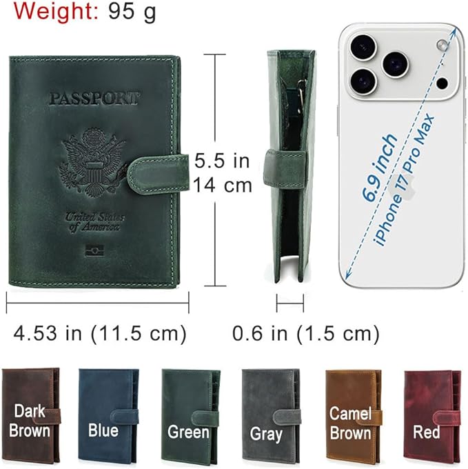 CONTACTS Full Grain Leather Passport Holder Compatible with Airtag RFID Blocking Passport Wallet for Men Travel Passport Cover with SIM Card Removal Tool (Badge, Green)