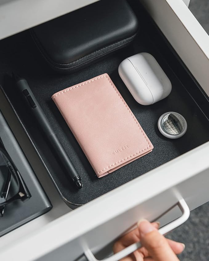 VULKIT Leather Business Card Holder 2 Sided Slim Business Name Card Organizer for Men or Women, Up to hold 20 cards (Vintage Rose)