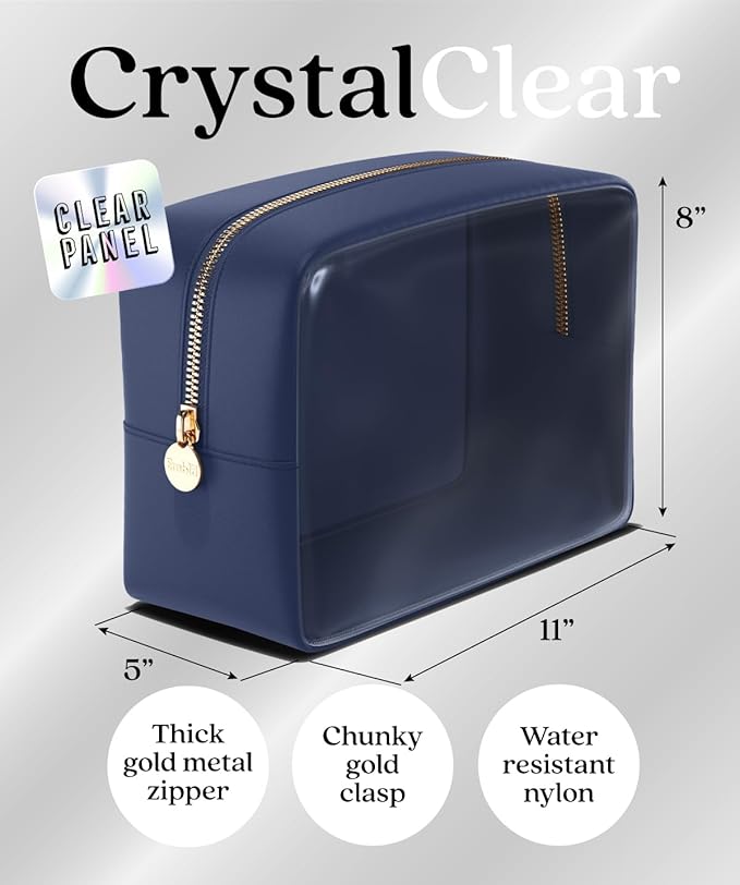 Embla Clear Large Makeup Bag Cute Big Make Up Nylon Pouches Travel Bathroom Bags for Toiletries XL Cosmetic Pouch for Women Girls Extra Large Zipper Toiletry Skincare Organizer Navy Blue