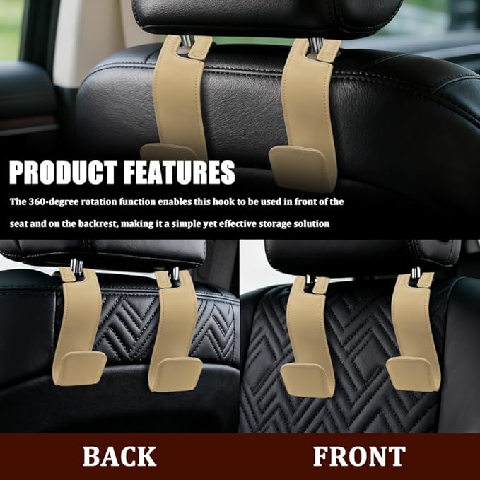 Car Seat Headrest Hooks, Purse Hook for Car, Automotive Headrest Handbags Holder, Auto Accessories Leather Seatback Organizer Hanger for Hanging Purses Bags Coats (Beige, 1PCS)
