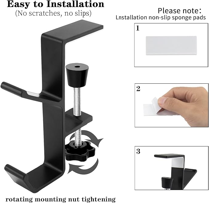 Desk Mount Headphone Hook Bag Holder Hook Clamp,Headphone Hanger and Backpack Hanger with Double Hooks,Universal Aluminum Alloy Gaming Headphone Stand Under Desk