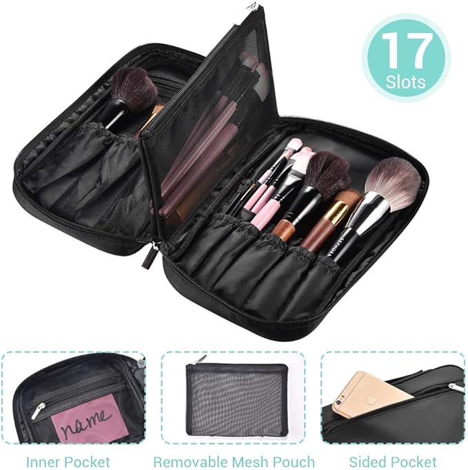 BYOOTIQUE Makeup Brush Bag Organizer Portable Multi Brush Holder Makeup Hand Bag Cosmetic Organizer Detachable Pouch Storage Case for Travel Home, Black