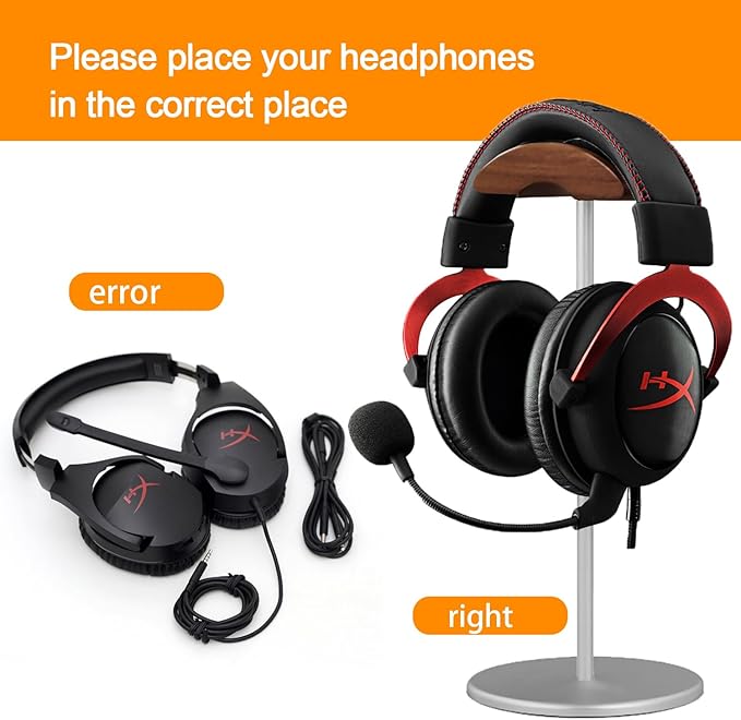 Headphone Stand Headset Holder with Wood and Aluminum Desktop Stand for Desk with Solid Heavy Base for All Headphone Sizes (Silver)