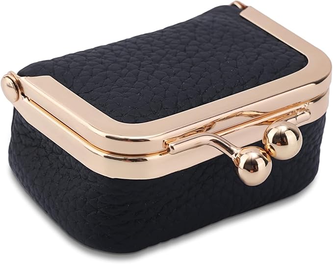 Genuine Leather Mini Jewelry Box & Vintage Wallet for Women - Compact Travel Coin Purse, Lipstick Storage Organizer, Retro Leather Clutch Case (Black/Mini)