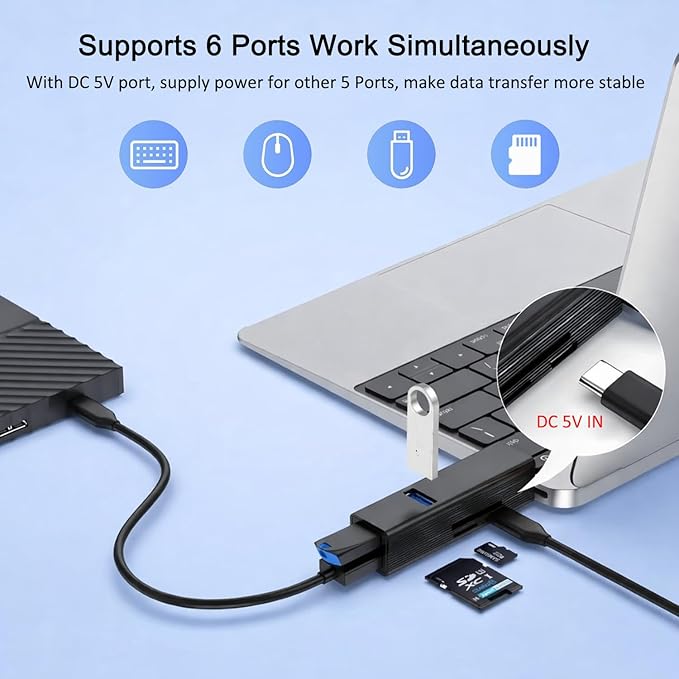 VIENON USB 3.0 Hub 6-in-1, Aluminum USB Adapter with Power Port, SD/TF Card Reader, USB Splitter Expander for Laptop, PC, Desktop, Car, Connect U Disk, Flash Drive, Mouse, Keyboard, HDD, SSD