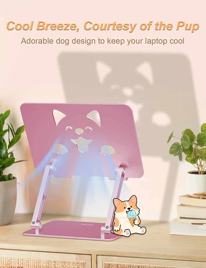 Laptop Stand for Desk-Adjustable, Foldable, Portable, Ergonomic Aluminum Notebook Riser with Unique Puppy Cooling Vent, Desk Gift for 10-17.3" Devices Mac, Dell, HP, Lenovo, Samsung, Rose Gold