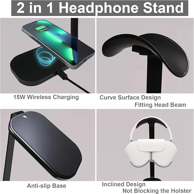 Headphone Stand with Wireless Charging, 15W Gaming Headset Holder for Desk, Aluminum Support Bar, Silicone Pad Headrest, Suitable for All Headphones
