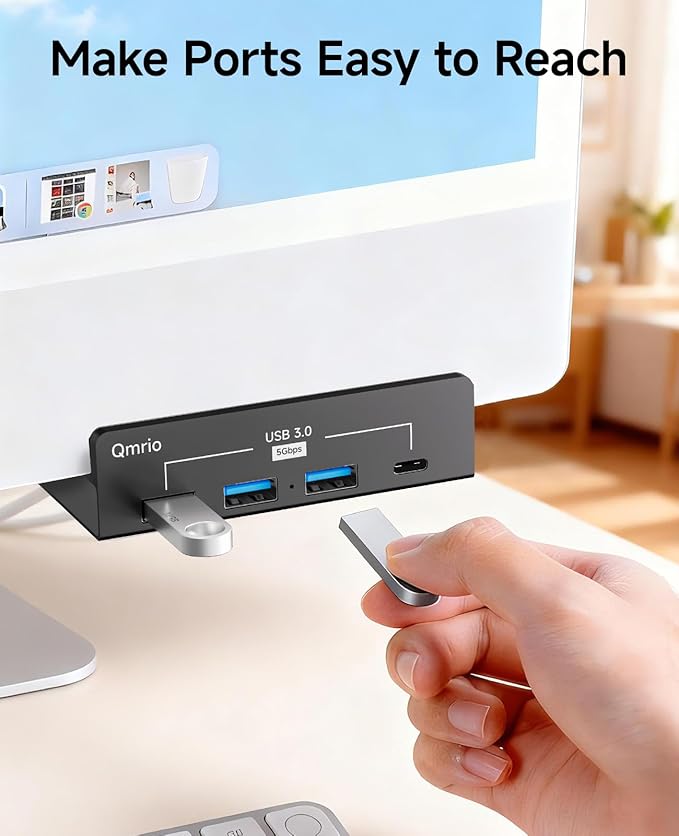 USB Hub 3.0, 5Gbps Clamp USB Hub for Desk/Monitors with Extra Power Supply Port, 3 USB-A Data Ports, USB-C Data Port for iMac Pro/iMac (Black)